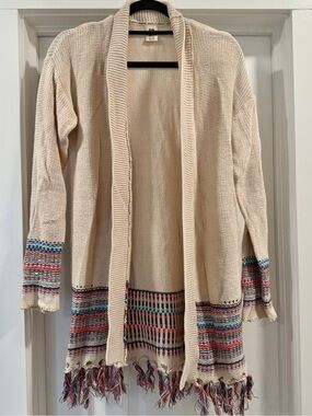 Roxy Knit Cardigan - Ivory with Colorful Fringe Trim